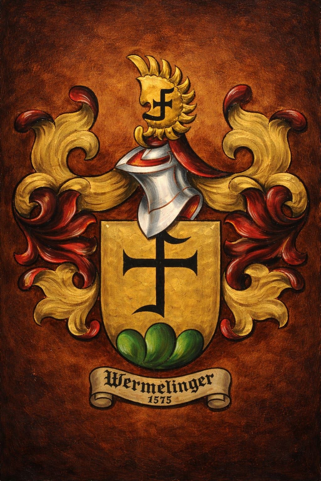 Placa da família Wermelinger: campo dourado com a marca negra (Hausmarke) sobre o monte de três cumeadas verde, e a inscrição Wermelinger 1575.